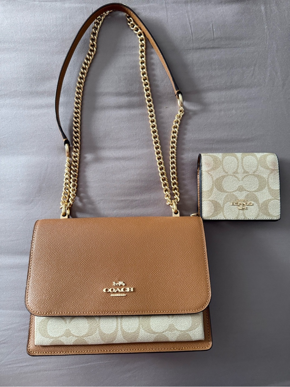 Coach Tan and Signature Canvas Shoulder Bag with Chain Strap
